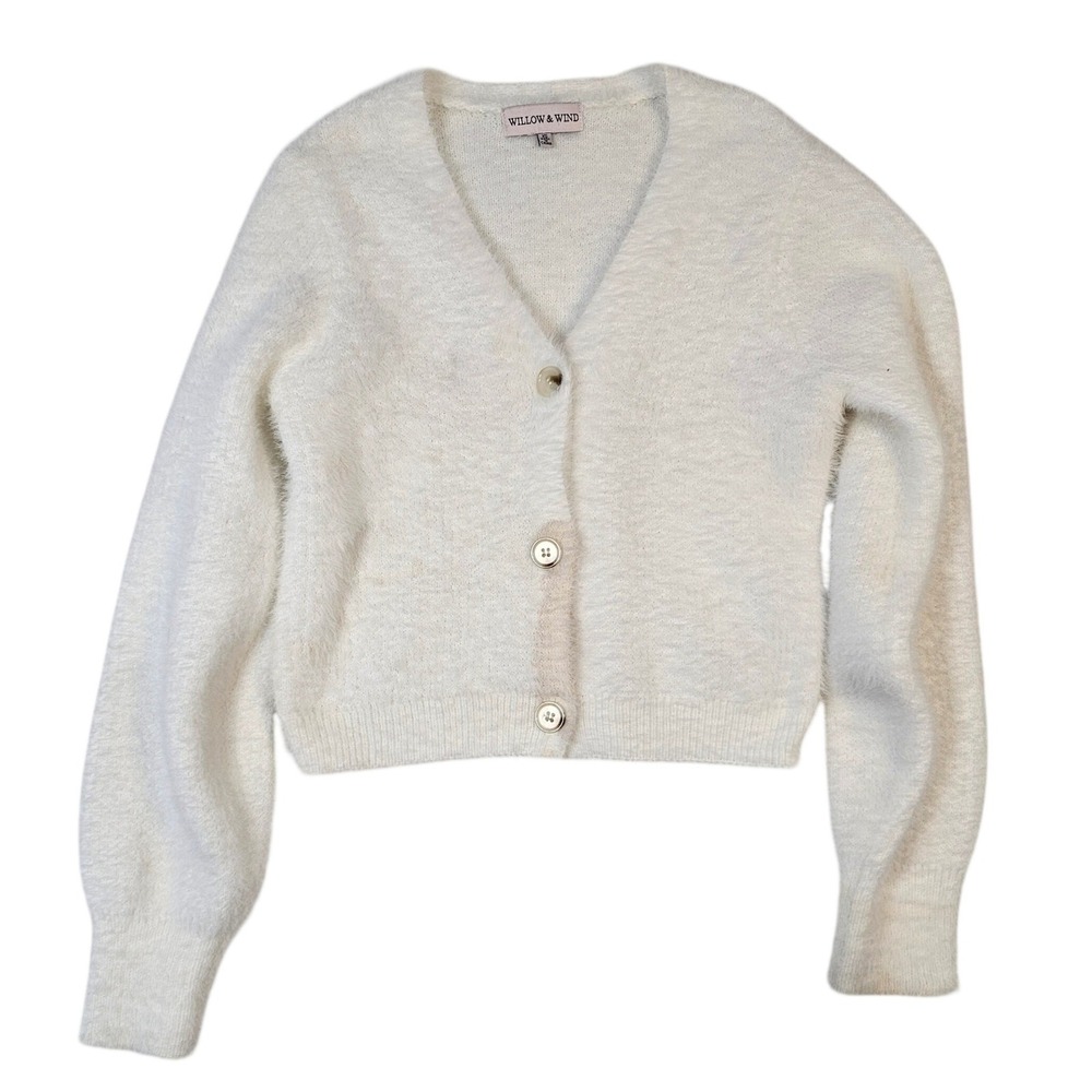 Willow‎ & Wind Cream Fuzzy Eyelash Knit Cropped Cardigan Sweater XS White V-Neck